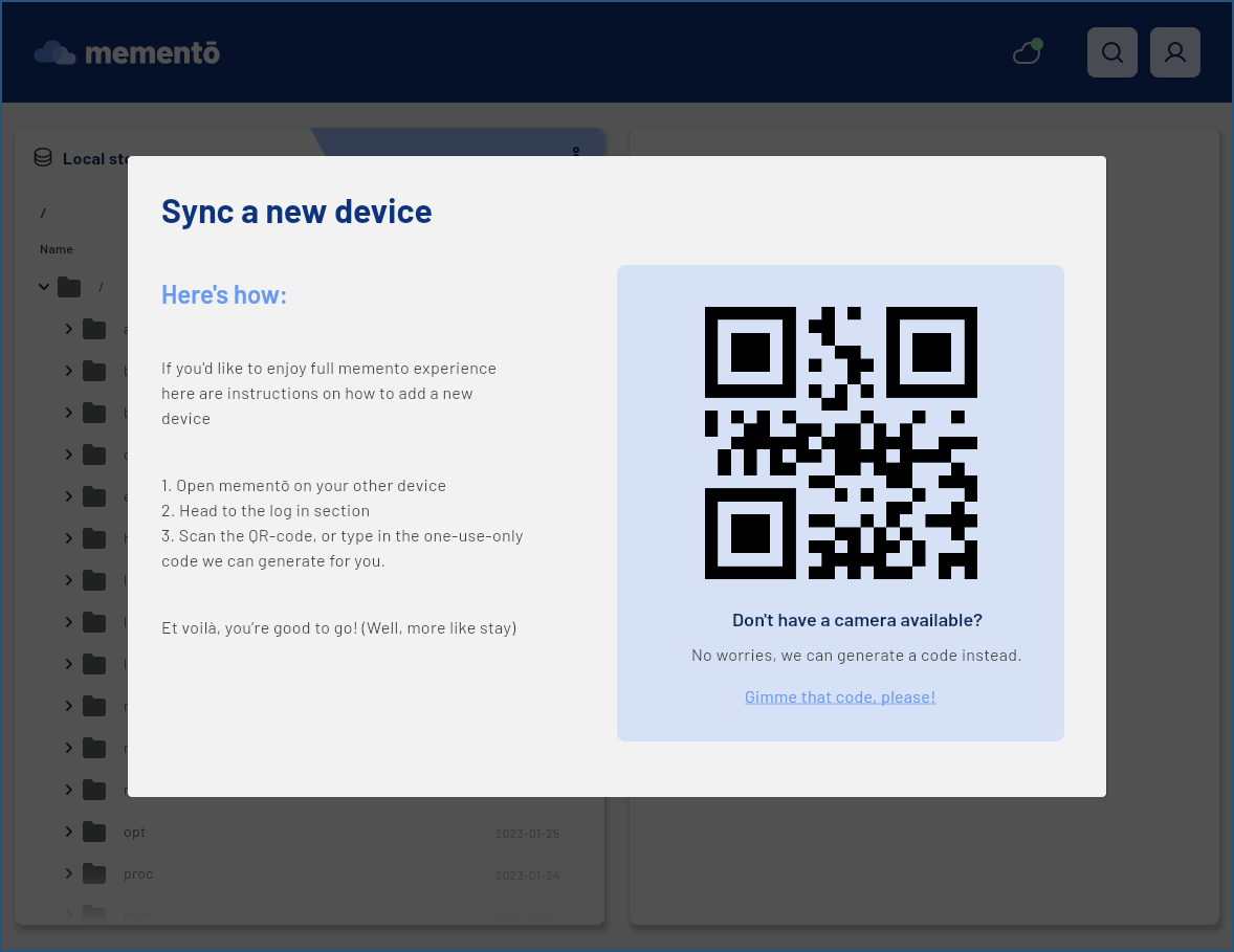 Desktop device screenshot of a dialog and qr code used to sync devices