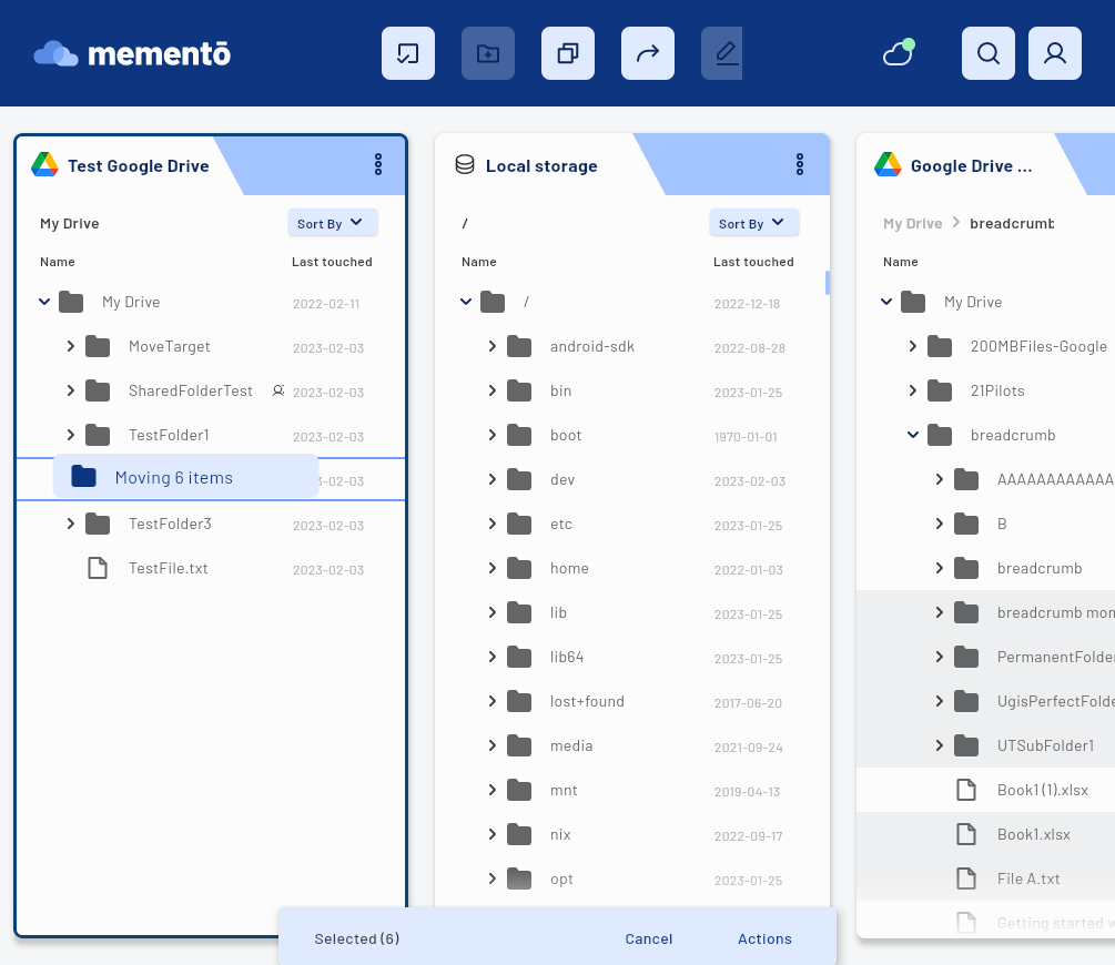 Screenshot of mementō on desktop phone showing user dragging multiple files and folders to another folder