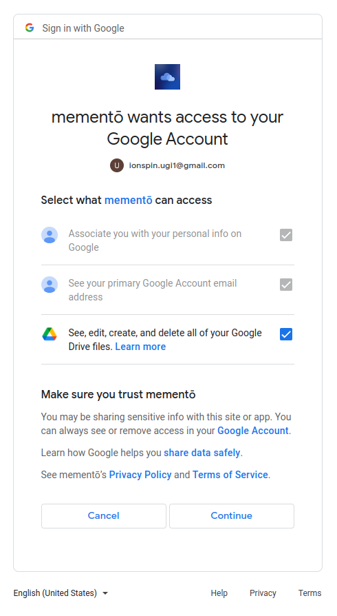 Screenshot of a Google OAuth permission screen listing the permissions you are giving to memento