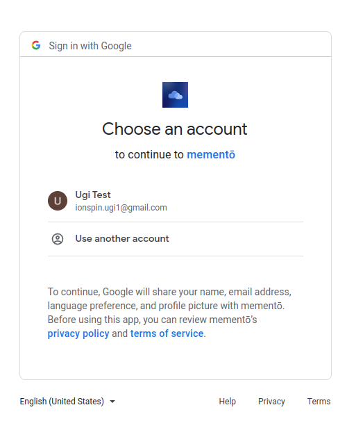 Screenshot of Google OAuth screen in a browser after selecting browser method asking you to sign in to memento