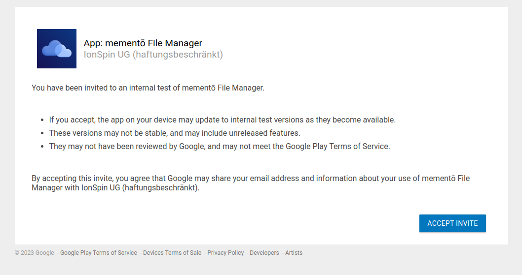 Screenshot of a Google page asking you to join memento internal testing for Android