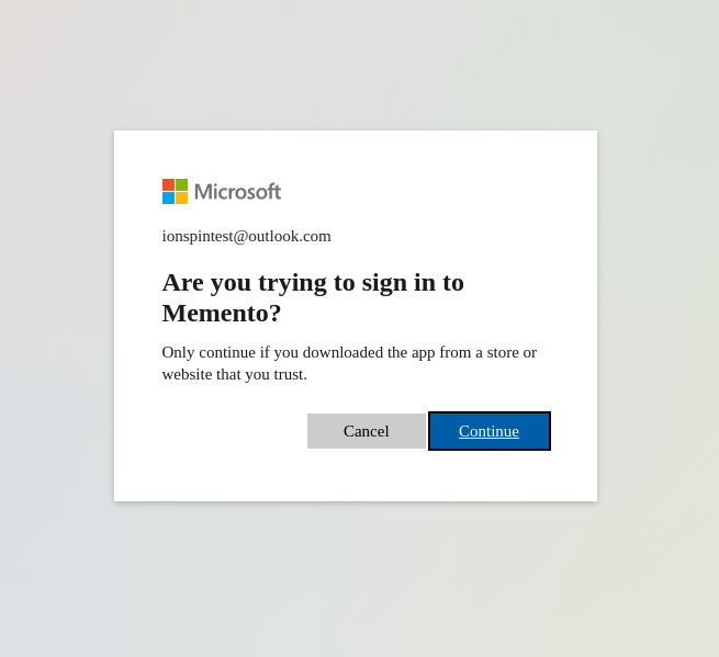 Screenshot of Microsoft oauth screen in a browser after selecting browser method asking you to sing in to memento