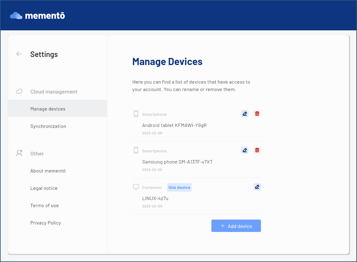 Screenshot of a desktop device showing settings screen with manage devices subscreen selected