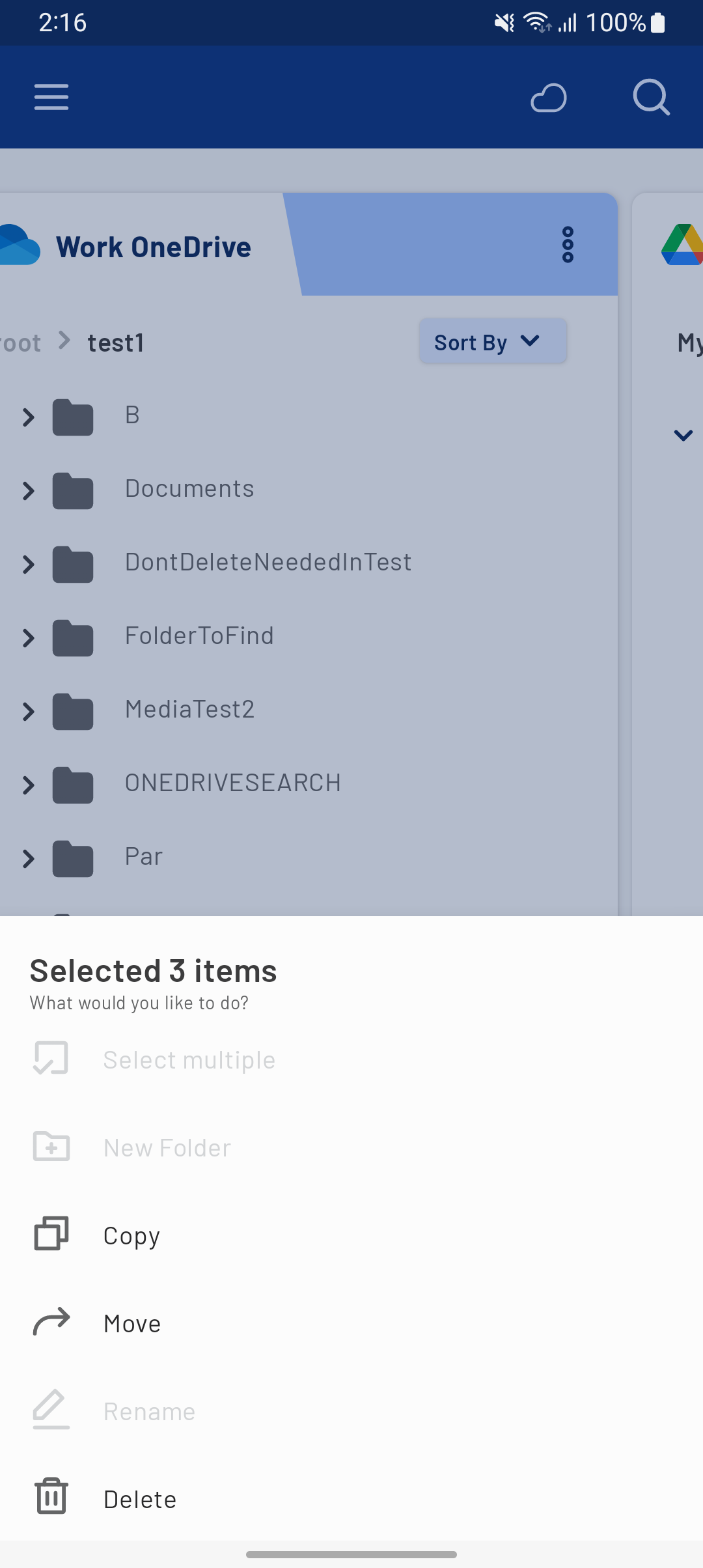 Screenshot of mementō on mobile phone action menu when multiple file items are selected