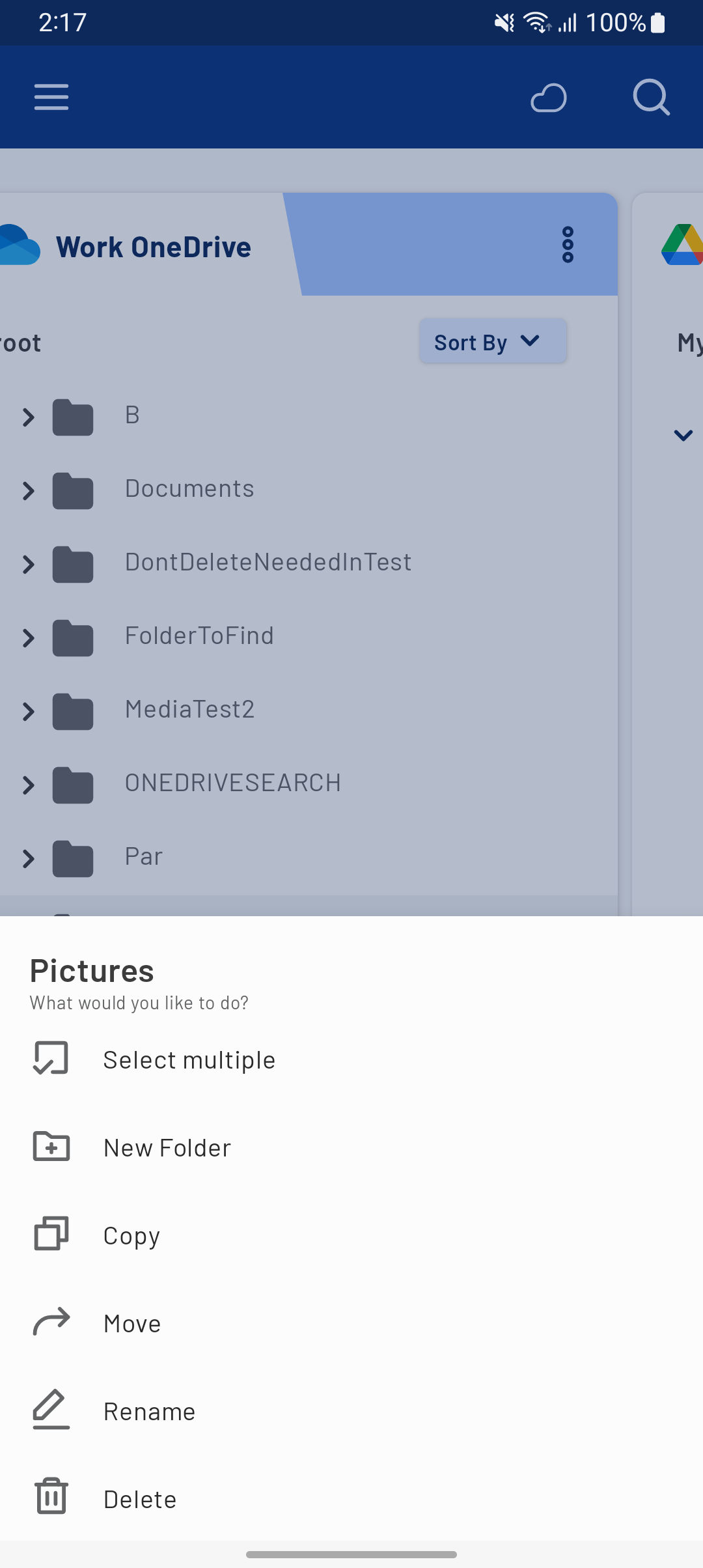 Screenshot of mementō on mobile phone action menu when one file item is selected