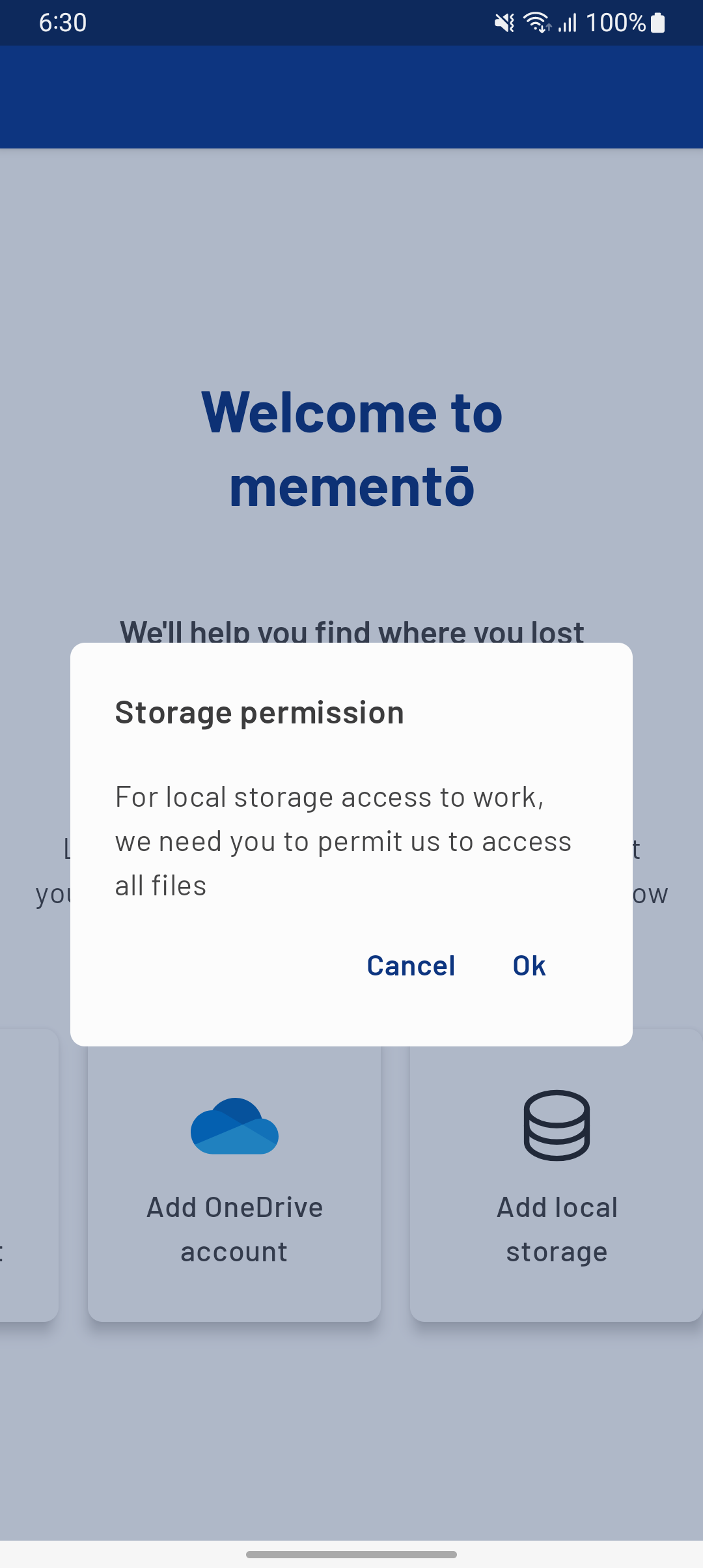 A screenshot of a popup asking user to allow access to all files on android 12 and newer versions