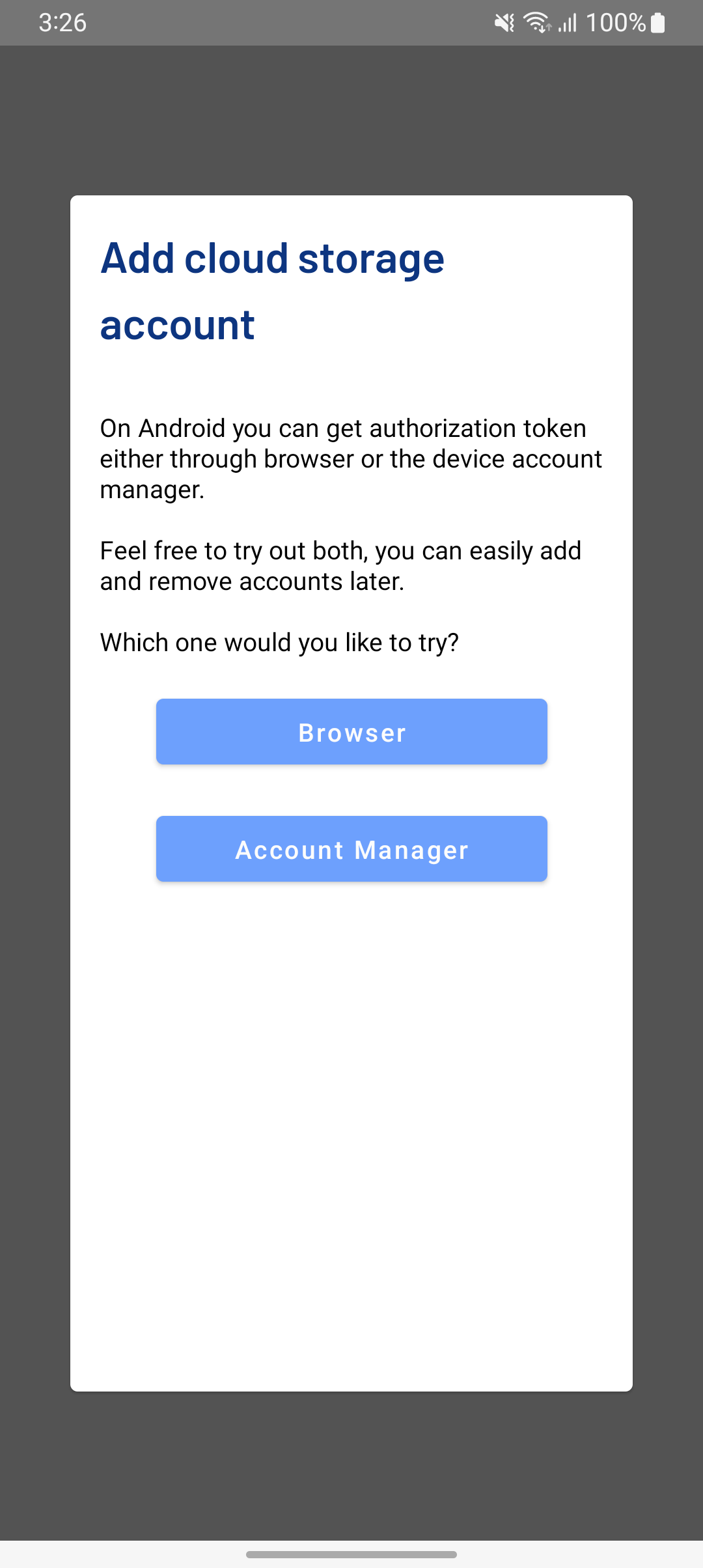 Screenshot of a dialog asking for preferred method of adding OneDrive account: browser or account manager