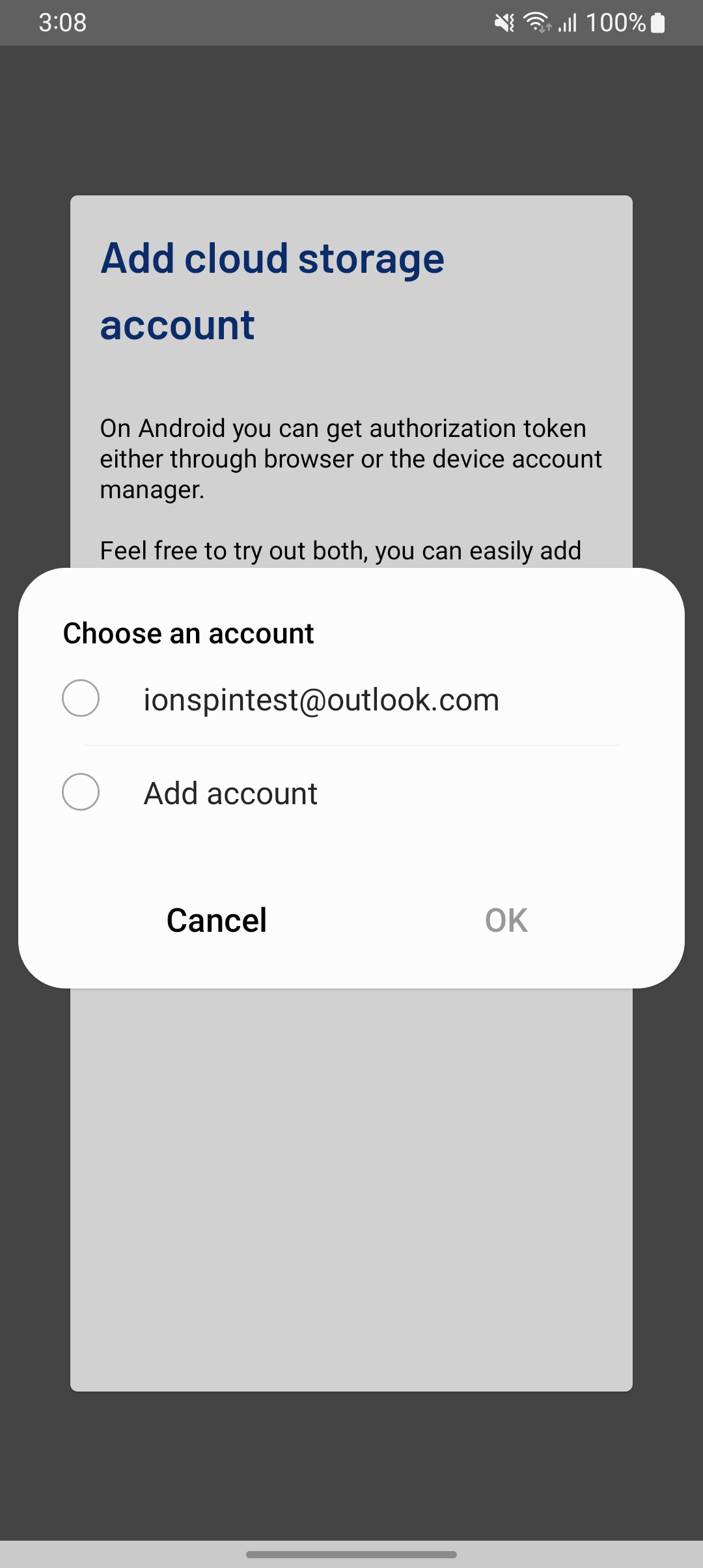 Screenshot of a dialog asking you to choose an account after selecting account manager method